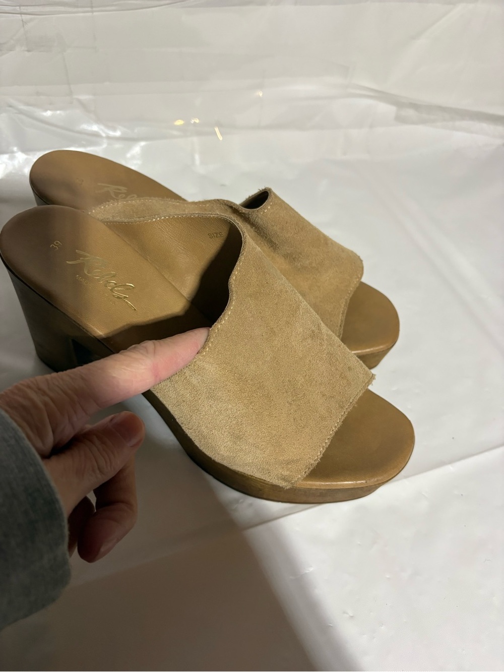 rebels Tan Suede Platform Slide Wedges